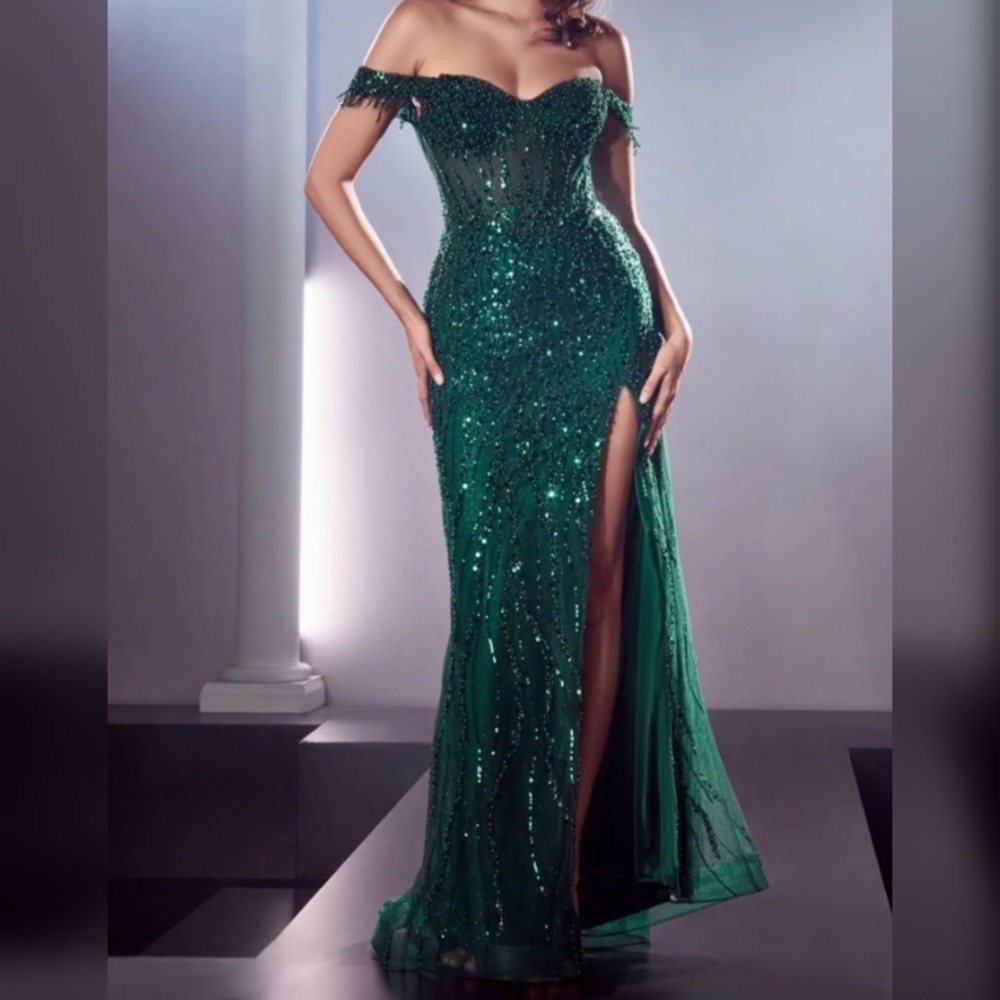 Sparkly green prom dress, pageant evening gown, military ball or formal dress